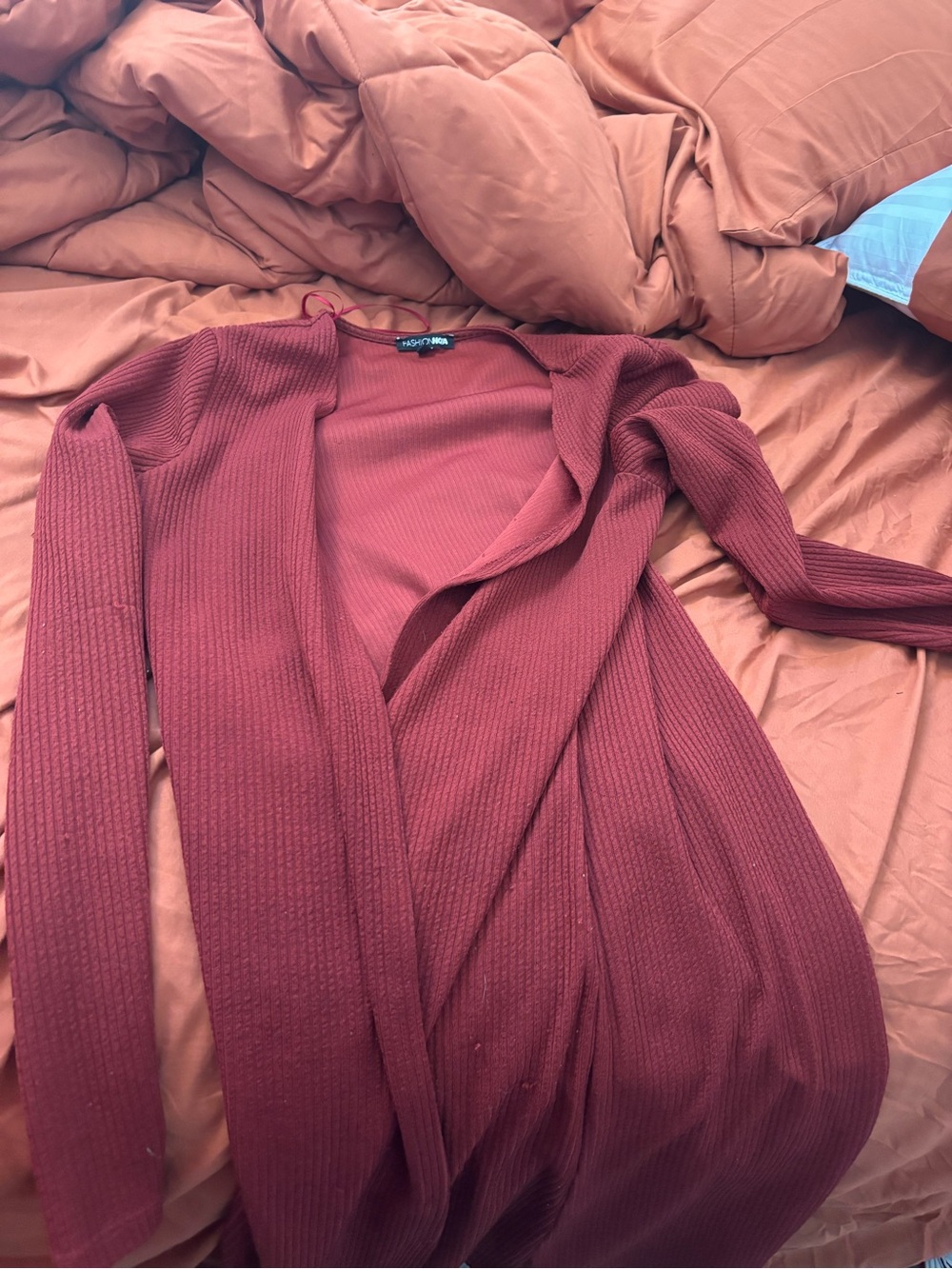 Fashion Nova Ribbed Open-Front Cardigan in Brick Red